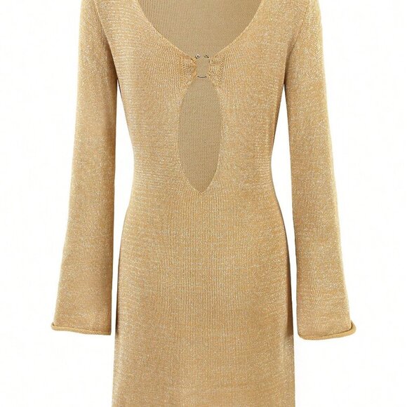 Khaki Women's Sexy Metallic Ring Hollow Deep V-Neck Knit Wrap Knit Mini Dress - Picture 6 of 8